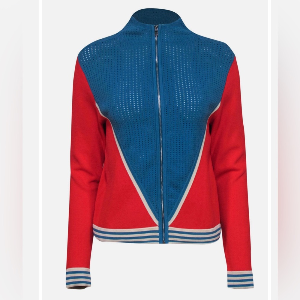 Sándro Paris ‘Aidan’ Red/Blue Perforated Zip Up Sweater - Picture 3 of 5